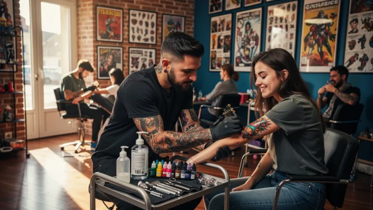 Tatoueur réalisant un flash tattoo coloré au salon BD et tatouage de Vannes, ambiance chaleureuse et créative