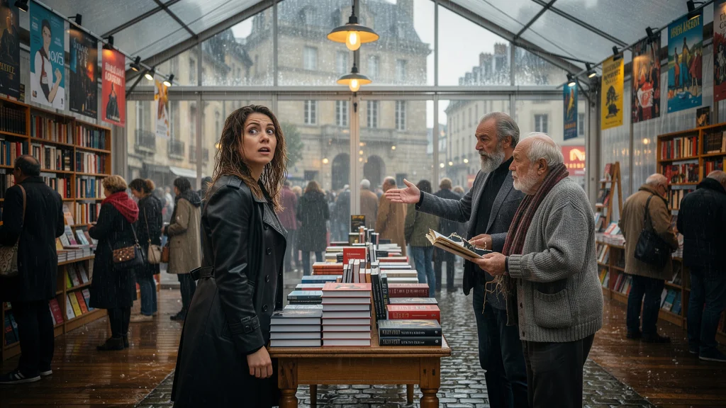 Jour de pluie au salon du livre Vannes 2026 avec foule et ambiance tendue, moment clé capturé