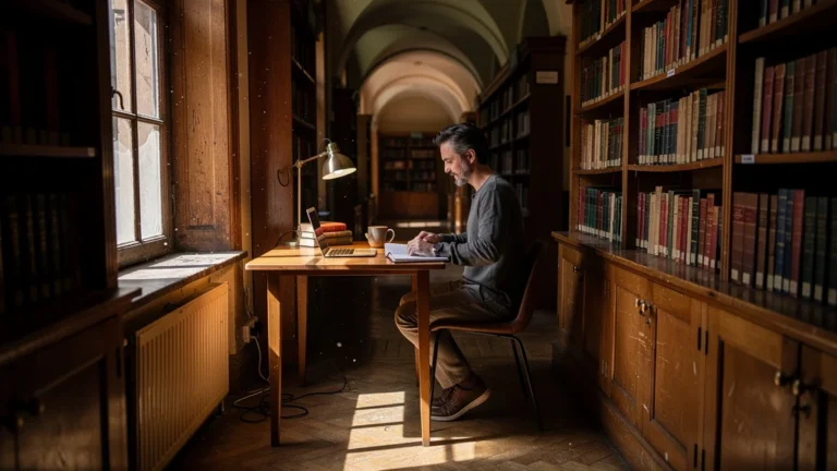 Home office de 4 m2 dans une ancienne bibliothèque de quartier, ambiance réaliste et chaleureuse
