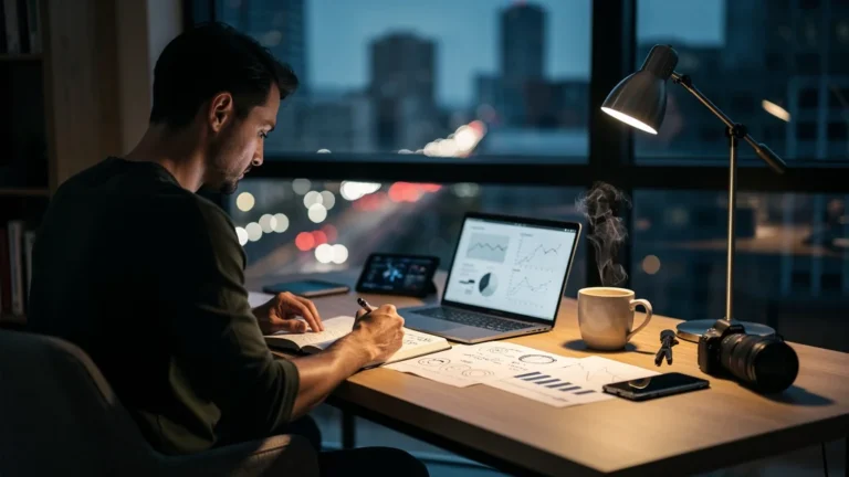Freelance en réflexion dans un bureau moderne, illustrant le pivot freelance de good to great