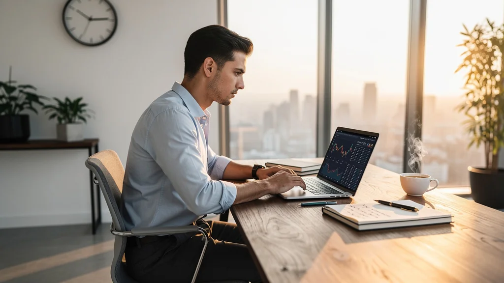 Jeune professionnel concentré en deep work dans un bureau lumineux, symbolisant productivité et focus