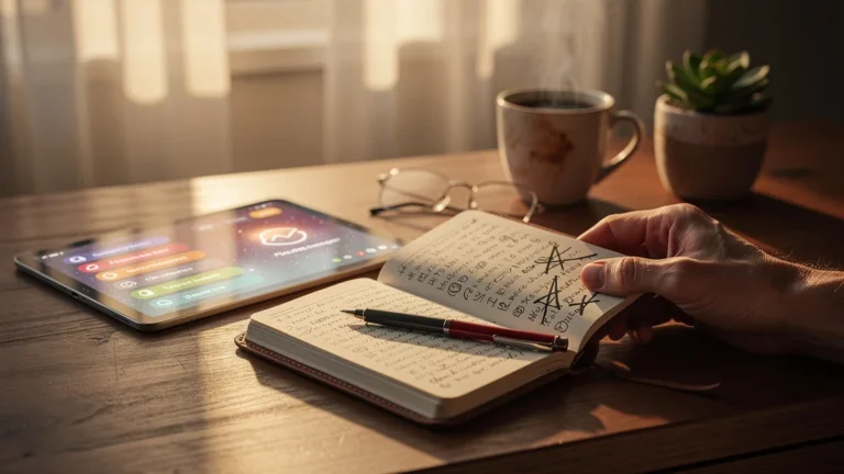 Comparaison réaliste entre to-do liste digitale et version papier sur bureau en lumière naturelle