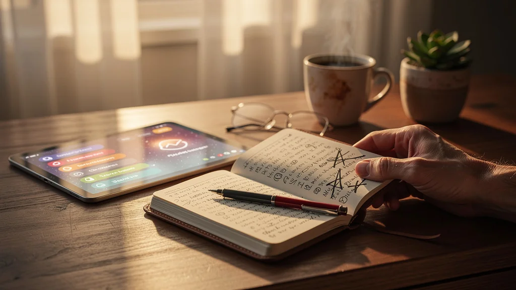 Comparaison réaliste entre to-do liste digitale et version papier sur bureau en lumière naturelle