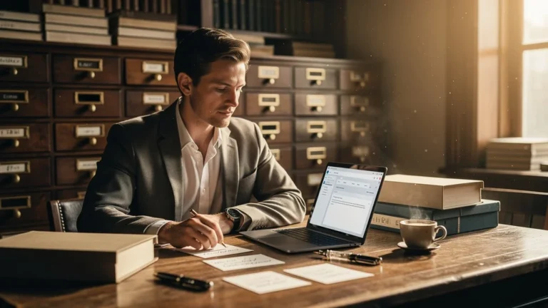 Fiches cartonnées de bibliothèque et CRM, illustration réaliste d’un archivage ancien vers le digital