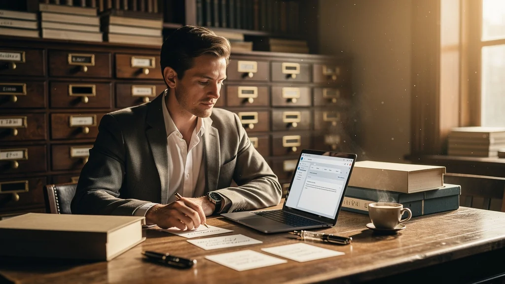 Fiches cartonnées de bibliothèque et CRM, illustration réaliste d’un archivage ancien vers le digital