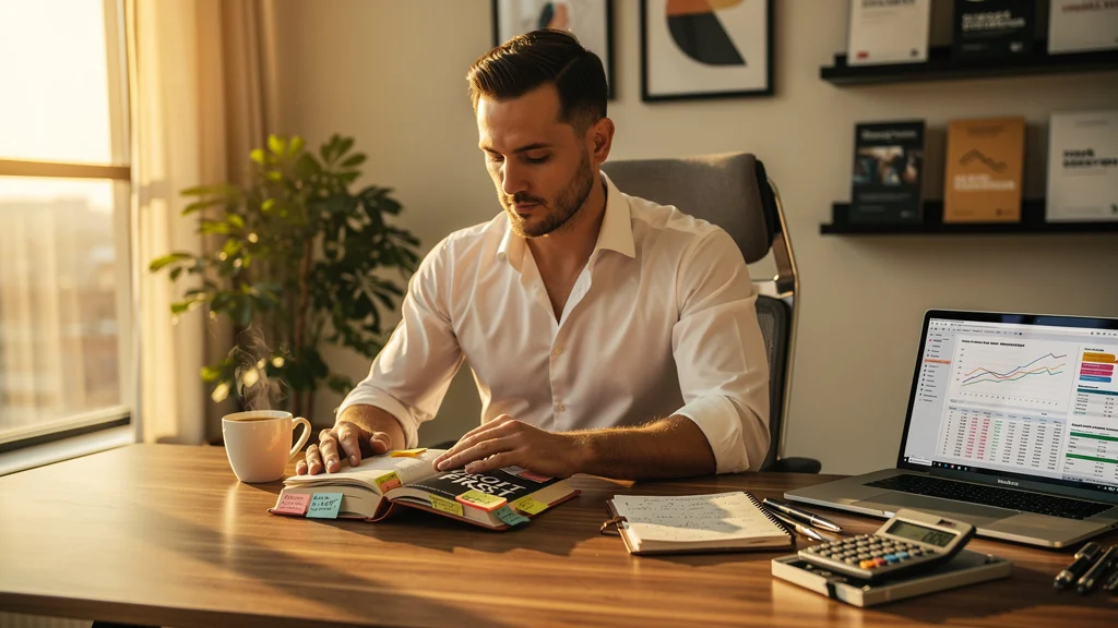 Portrait hyper-réaliste d’un entrepreneur transformé par la lecture de Profit First dans sa gestion quotidienne