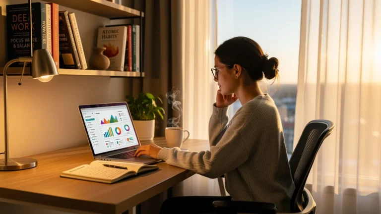 Routine matinale révélant la vraie productivité au travail dans un bureau à domicile lumineux et calme