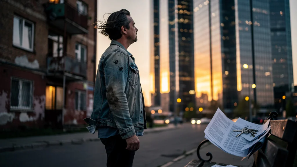 Homme pensif devant immeubles urbains symbolisant la transformation financière grâce à Père riche père pauvre