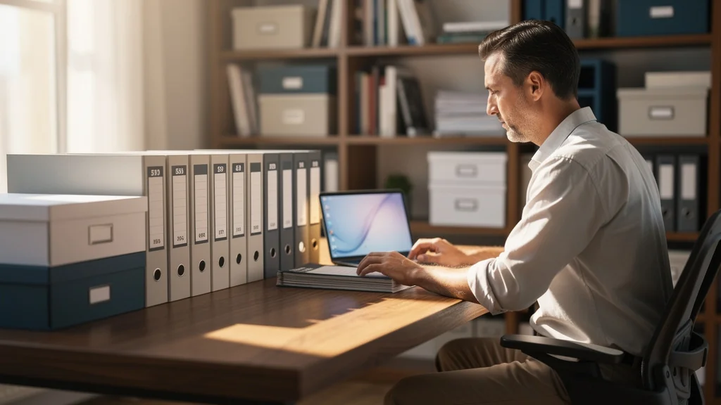 Dossiers classés à la Dewey dans un bureau organisé, illustrant 40 minutes gagnées chaque semaine