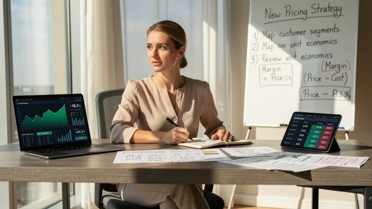 Femme professionnelle révisant ses tarifs après analyse des marges en bureau lumineux et moderne