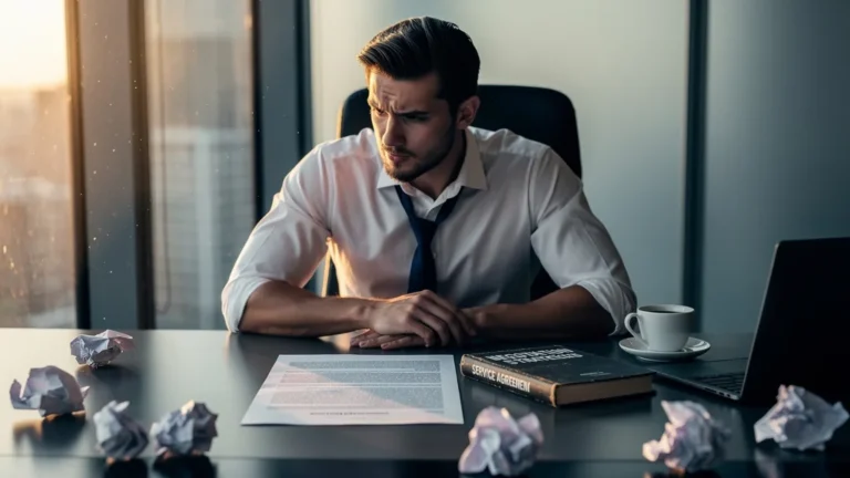 Homme professionnel regrettant d'avoir accepté des tarifs trop bas faute de livres sur la négociation