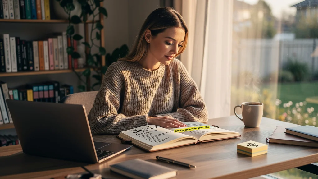 Freelance planifiant sa tâche du lendemain selon la méthode The One Thing, bureau lumineux et calme