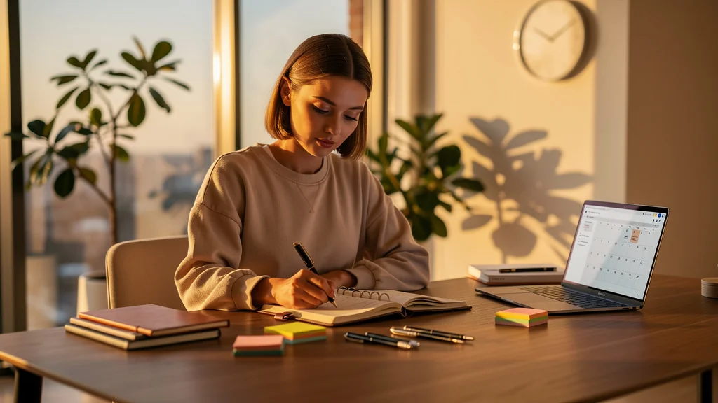 Femme organisant paisiblement sa journée la veille, illustrant une vraie clarté d’esprit au bureau moderne
