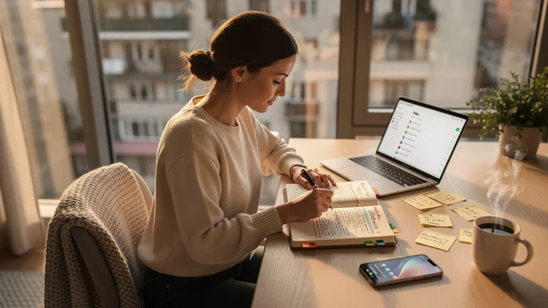 Femme concentrée utilisant la méthode GTD de David Allen avec application et carnet sur bureau moderne