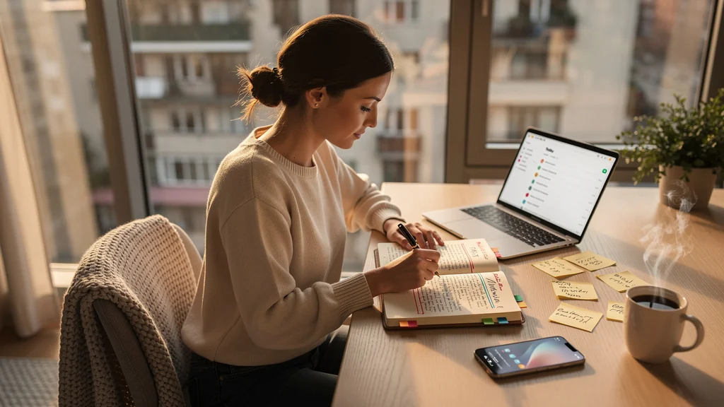 Femme concentrée utilisant la méthode GTD de David Allen avec application et carnet sur bureau moderne