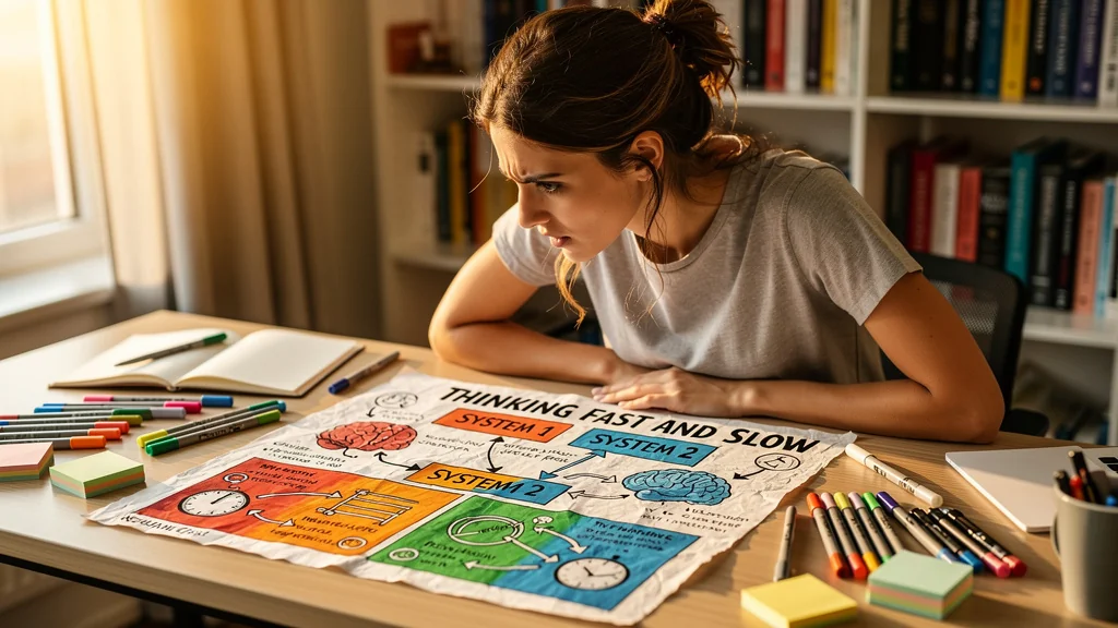 Femme créative testant un résumé visuel de Thinking Fast and Slow en sketchnote sur bureau moderne