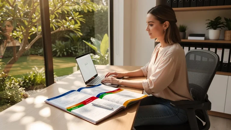 Femme utilisant un planning papier coloré pour gérer ses clients en extérieur et au bureau