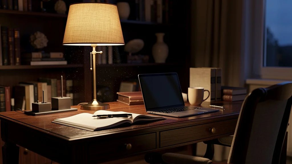 Lampe de bibliothèque à lumière chaude en home office, ambiance réaliste et cosy après 30 jours de test