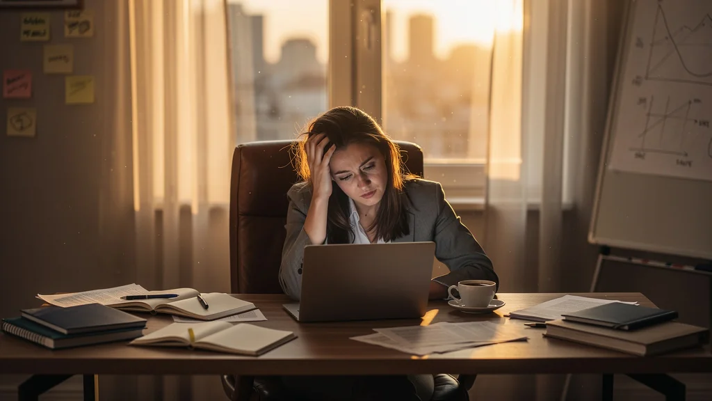 Jeune femme frustrée procrastinant à cause de tâches mal définies dans un bureau moderne en lumière tamisée