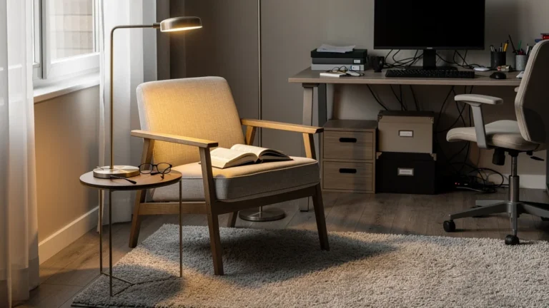 Espace lecture de 2 m2 dans un bureau aménagé, idée d’un coin lecture bien délimité avant l’installation du bureau