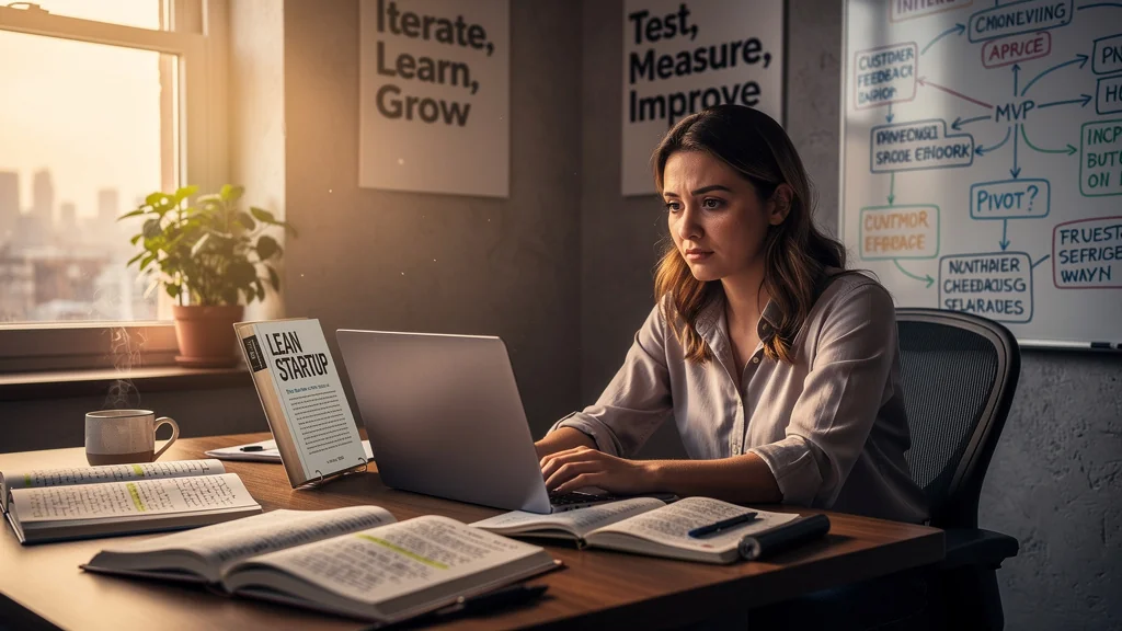Freelanceuse réfléchissant devant son ordinateur avec le livre Lean Startup ouvert, ambiance chaleureuse et inspirante