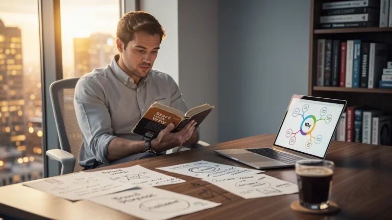 Professionnel lisant Start with Why avant de définir son positionnement en contexte de travail moderne