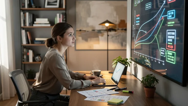 Jeune entrepreneure face à un schéma de seuil de rentabilité, ambiance studieuse et détaillée