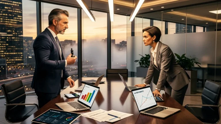 Image réaliste d’un duel stratégique en entreprise illustrant l’art de la guerre version business
