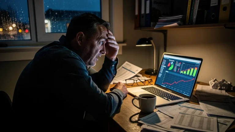 Homme stressé réalisant trop tard l'importance du flux de trésorerie face à la faillite