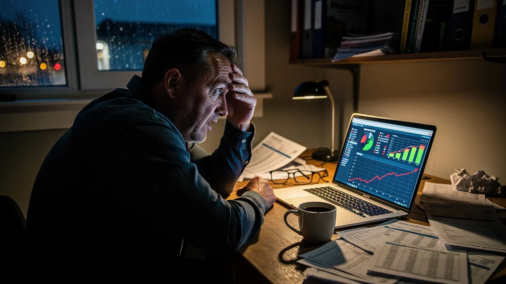 Homme stressé réalisant trop tard l'importance du flux de trésorerie face à la faillite