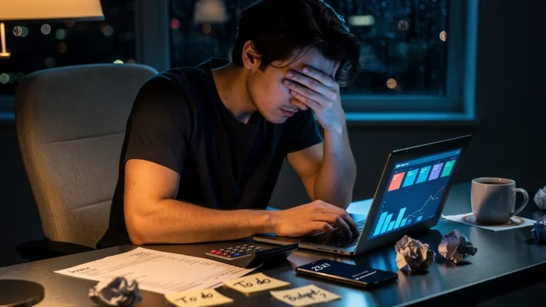 Marketeur stressé après avoir payé 600 euros de SEA sans plan, scène de regret et d’analyse