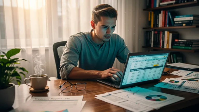 Jeune professionnel évitant une erreur de 800 euros grâce à un chapitre sur la trésorerie