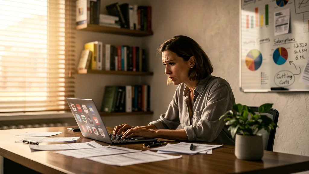 Femme découvrant l'impact des abonnements sur son budget professionnel dans un bureau moderne lumineux