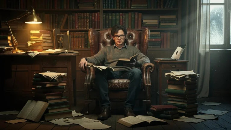 Homme dans un fauteuil entouré de livres illustre l'illusion de progrès sans application pendant deux ans