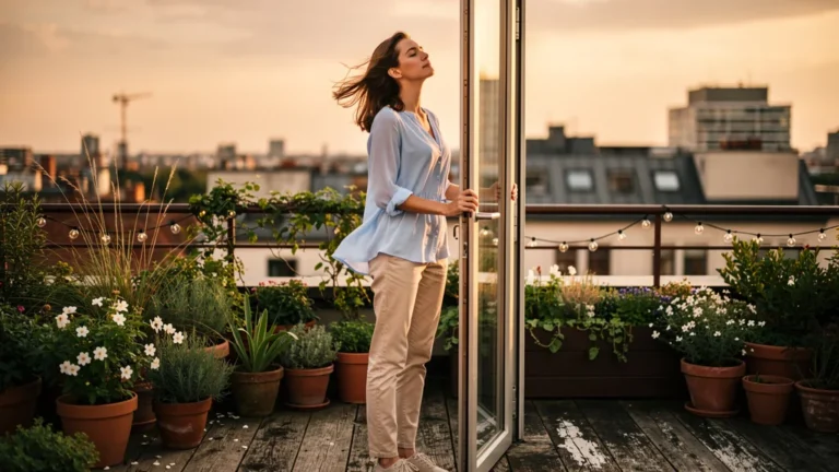 Femme sereine exprimant le soulagement en disant non, image réaliste et lumineuse sur toit urbain