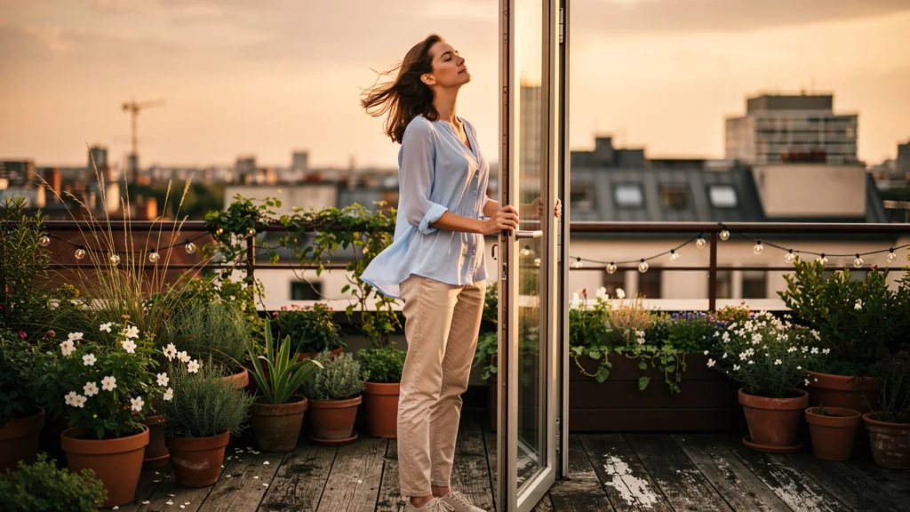 Femme sereine exprimant le soulagement en disant non, image réaliste et lumineuse sur toit urbain