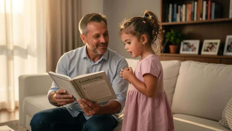 Fille répétant une phrase de son père extraite de son livre sur le leadership, moment émouvant et réaliste