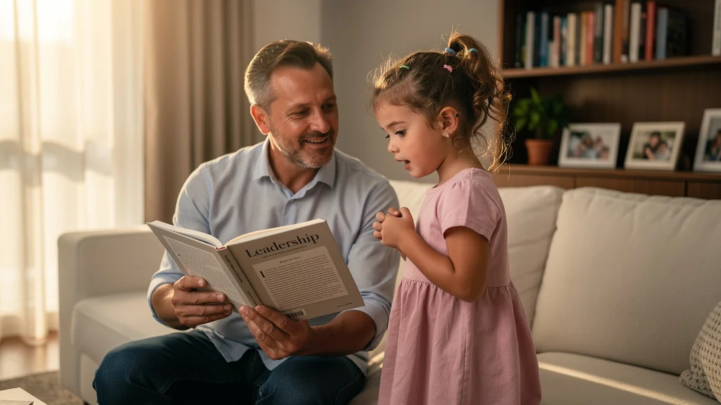 Fille répétant une phrase de son père extraite de son livre sur le leadership, moment émouvant et réaliste