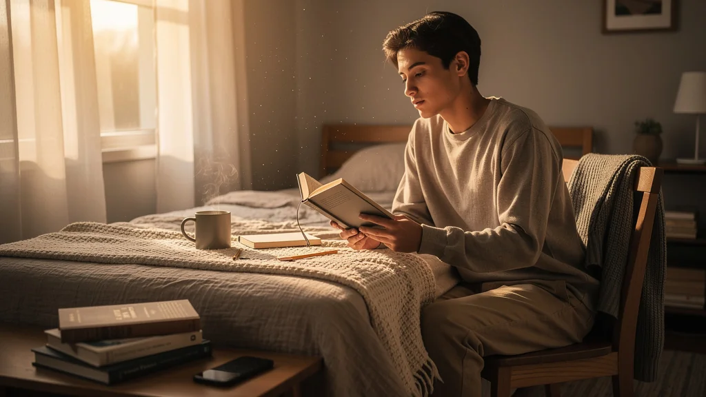 Routine de lecture matinale épurée après un mois avec Essentialism, ambiance réaliste et apaisée