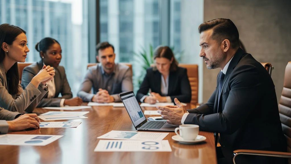 Consultant appliquant influence et manipulation en clientèle avec interaction professionnelle réaliste
