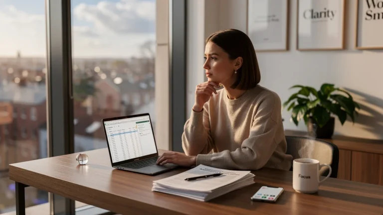 Femme professionnelle réfléchissant à l'externalisation de ses tâches administratives avec un freelance