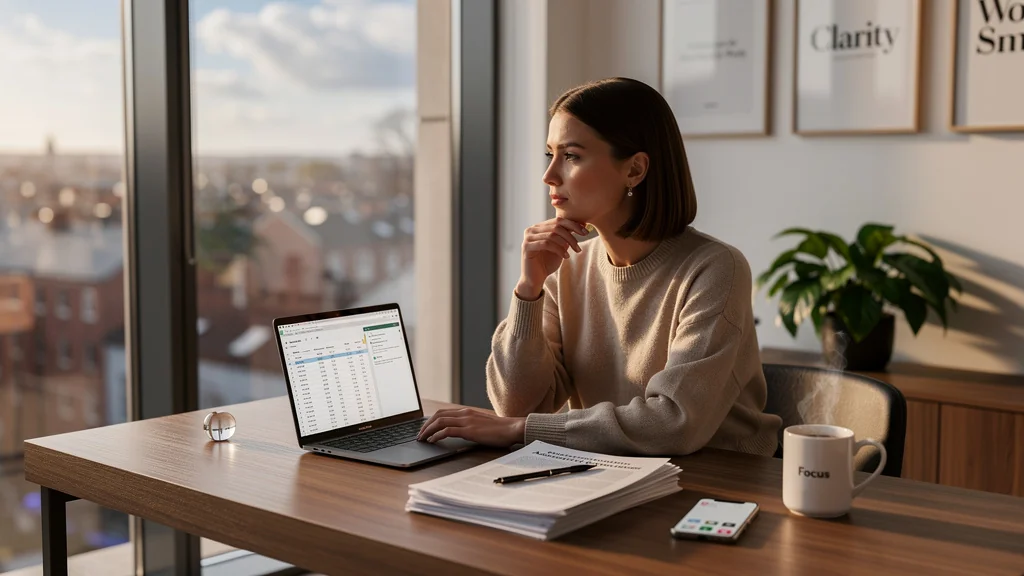 Femme professionnelle réfléchissant à l'externalisation de ses tâches administratives avec un freelance