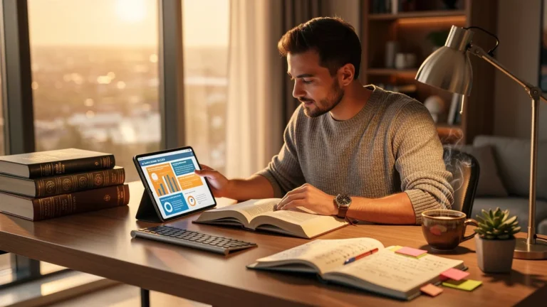 Personne équilibrant lecture complète et résumés de livres business dans un bureau moderne lumineux