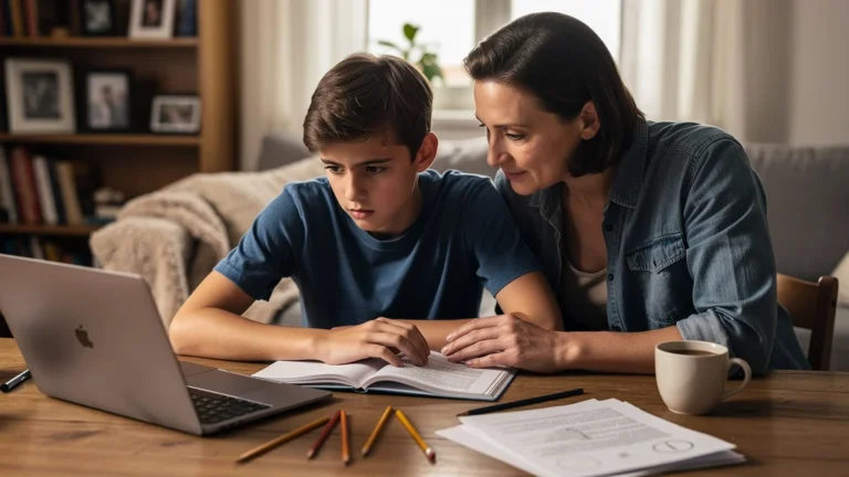 Parent aidant un ado en doute scolaire, illustration de mindset de Dweck pour accompagner l’adolescence