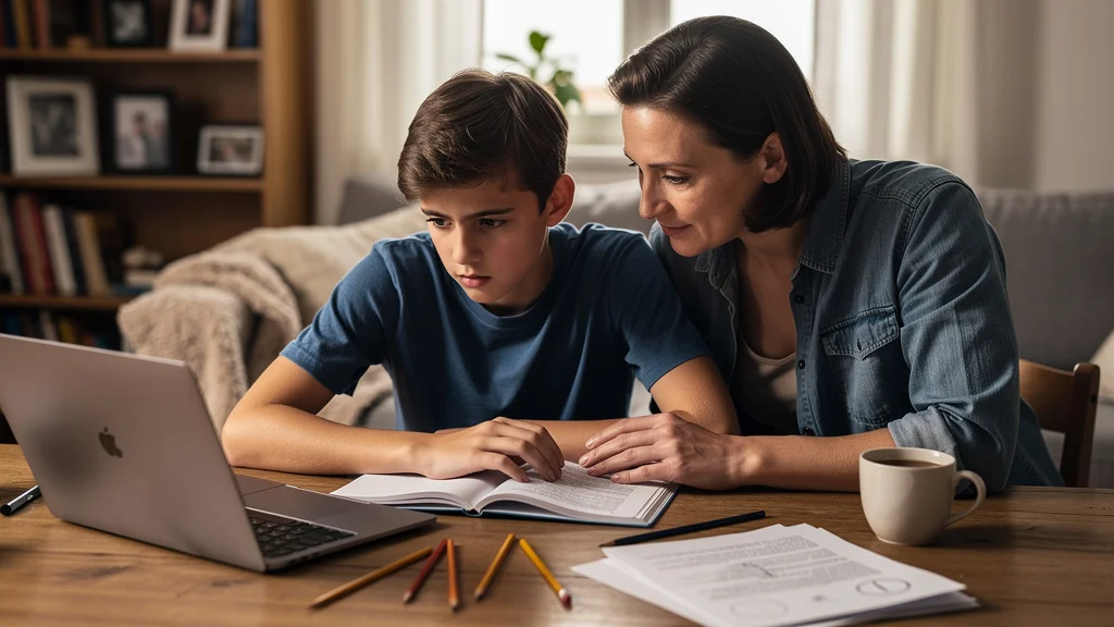 Parent aidant un ado en doute scolaire, illustration de mindset de Dweck pour accompagner l’adolescence