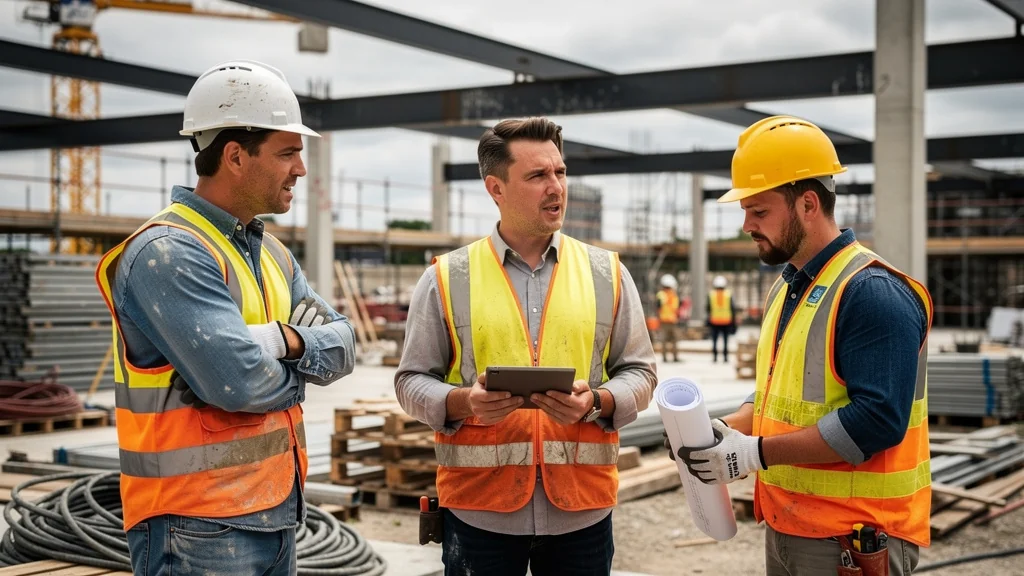 Réunion sur chantier sur Radical Candor avec des sous-traitants, feedback direct et collaboration professionnelle