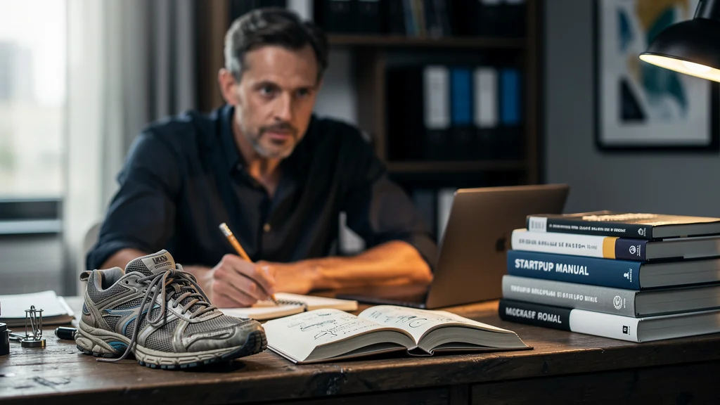 Comparatif Shoe Dog et manuels de création d'entreprise sur un bureau, image réaliste pour article SEO