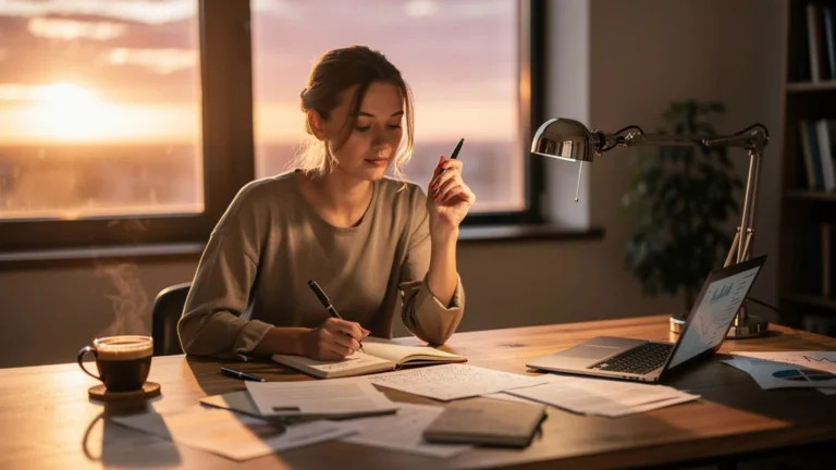 Femme réfléchissant sur un projet raté en notant chaque leçon, symbolisant un nouveau regard sur l'échec