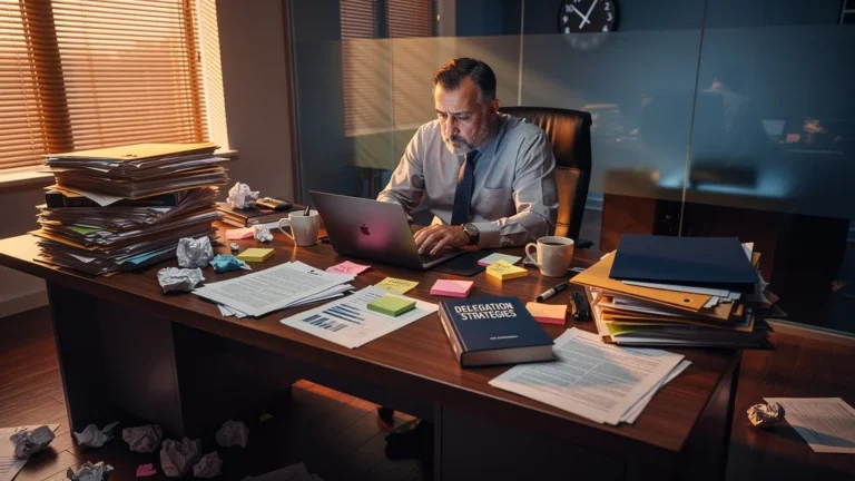 Homme stressé et surchargé au bureau symbolisant six mois de surcharge sans délégation efficace