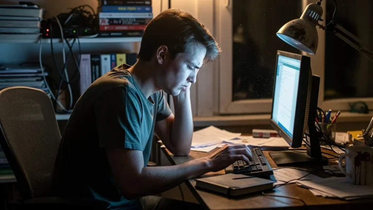 Homme souffrant des cervicales devant un bureau mal éclairé, illustrant l'importance d'une bonne lampe de bureau